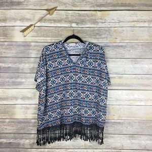 Olsenboye Southwest Print Hooded Fringe Poncho Top